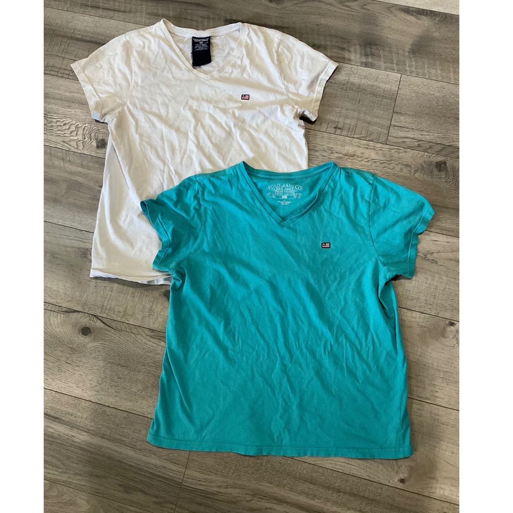 Polo Jeans Co Ralph Lauren V-Neck T-Shirt Bundle 2pk White Teal Cotton Large